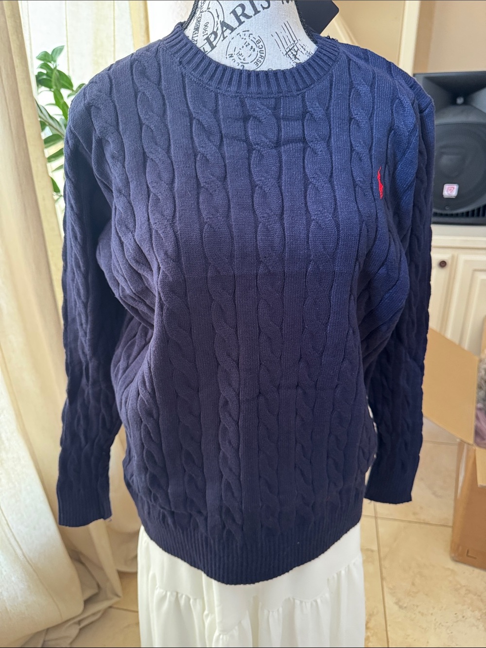 Ralph Lauren dark blue Cable-Knit Sweater with Red Polo Logo (Unisex)